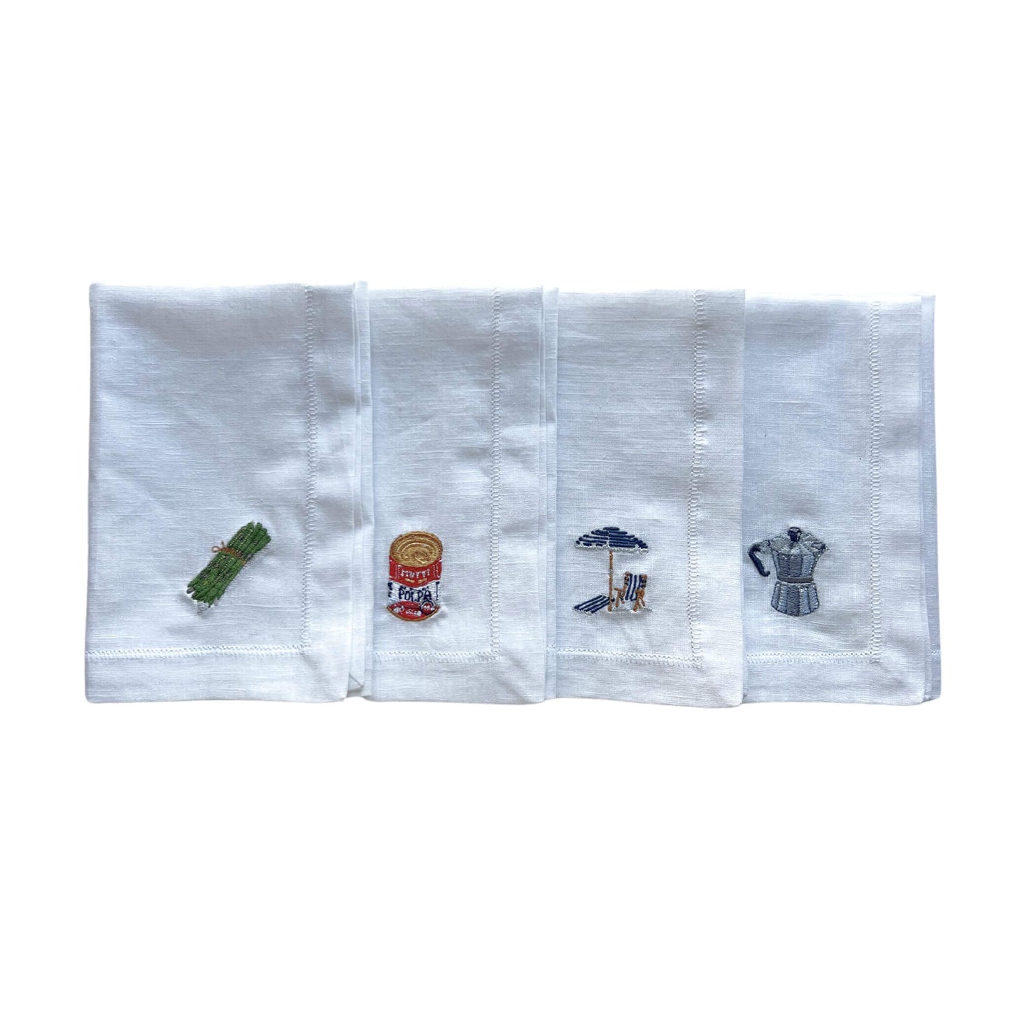 4 different designs of linnen napkins size 40x40cm, hemstiched with detailed embroidery of illustrations by Stefanie Vietor