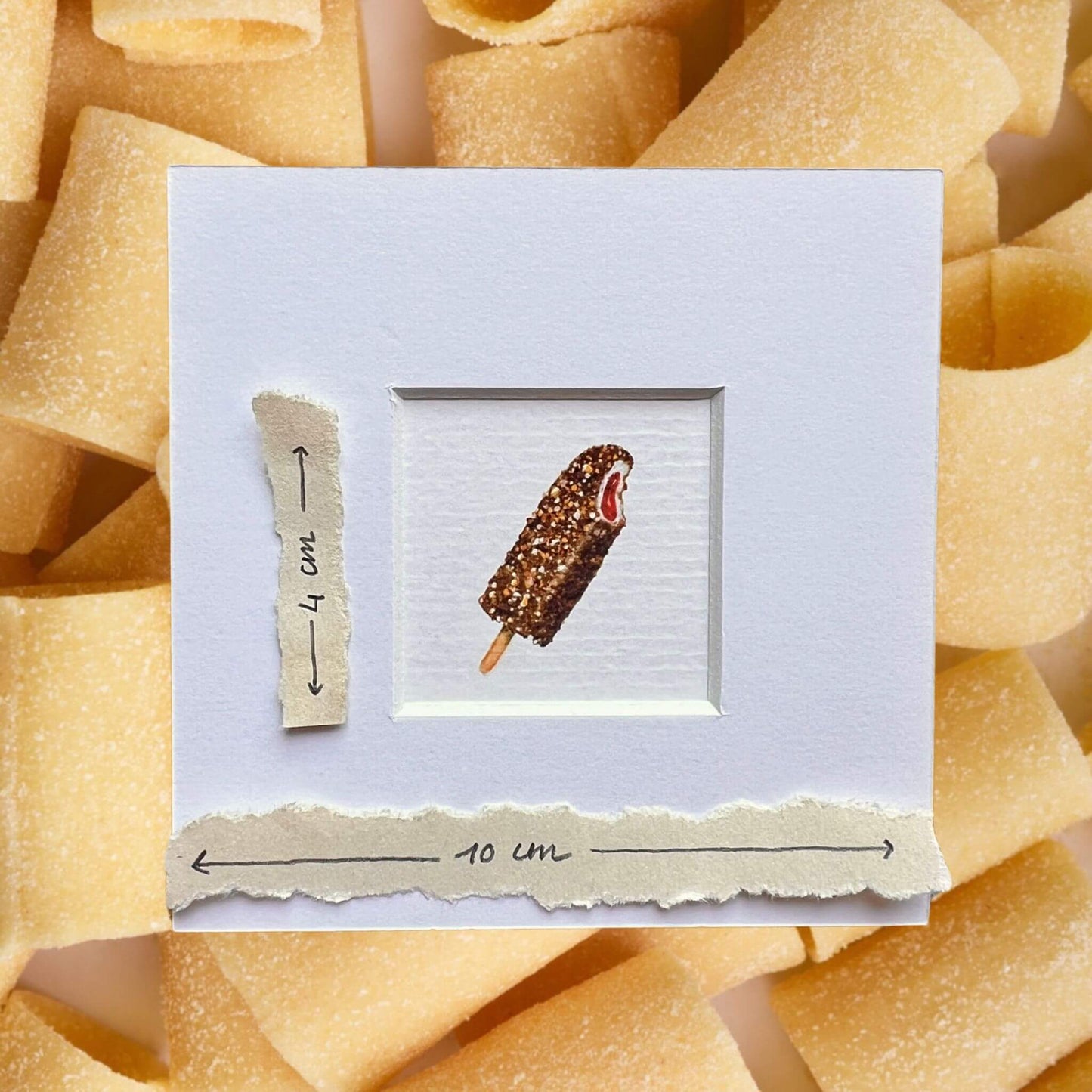 Mini print of an illustration of a croccante gelato by Stefanie Vietor with passepartout and dimensions, background Pasta