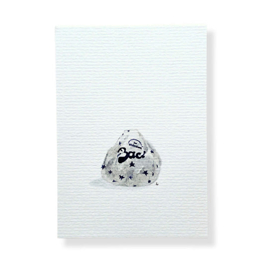 A6 postcard on 300 gram off-white aquarel like paper  with illustration by Stefanie Vietor of a Baci