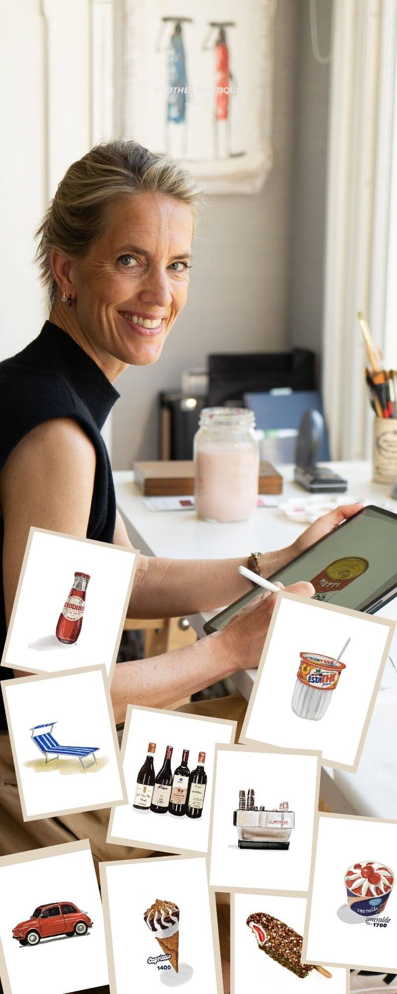 Stefanie Viëtor sitting at a desk with a tablet, surrounded by small images of her own illustrations.