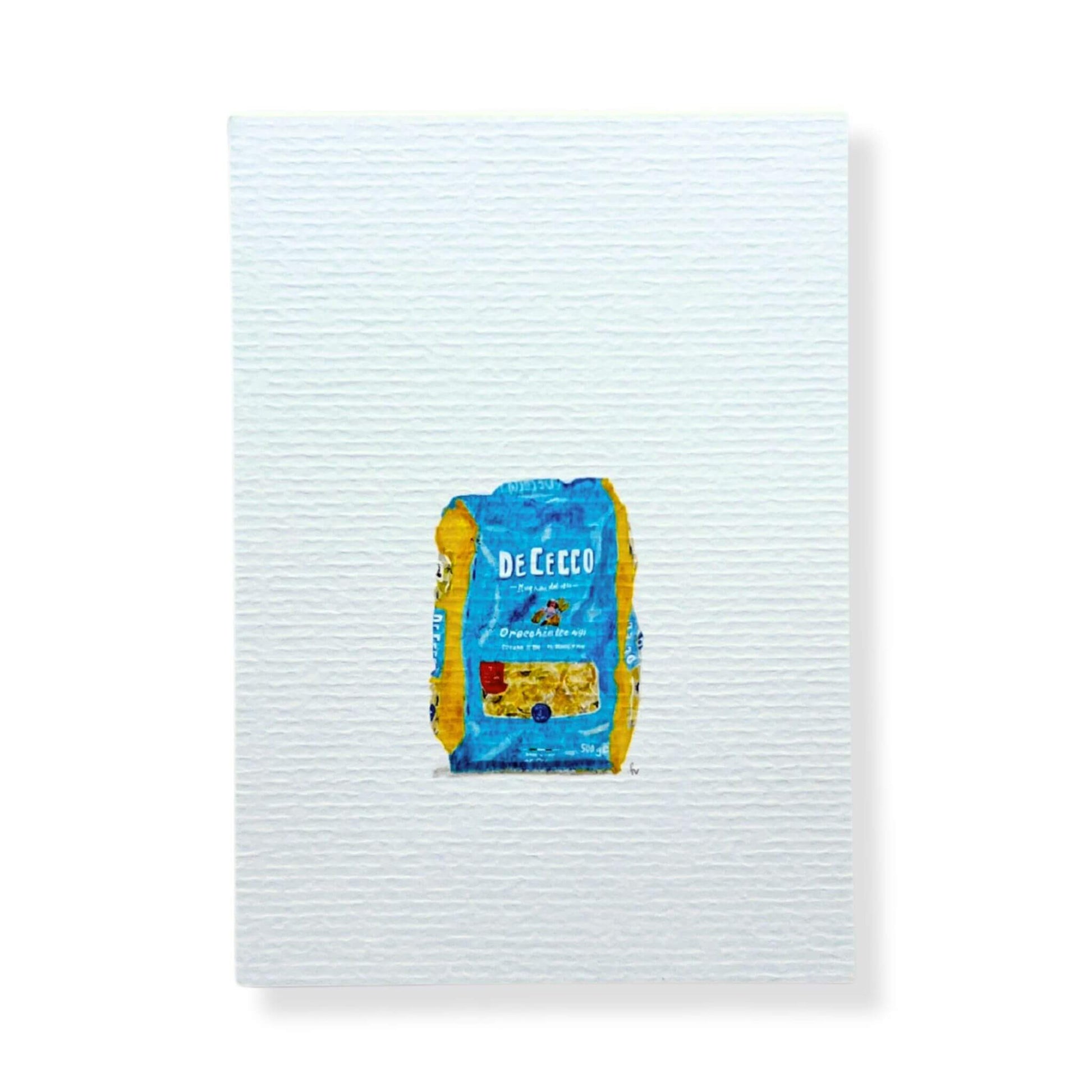 A6 postcard on 300 gram off-white aquarel like paper  with illustration by Stefanie Vietor of a pack of DeCecco pasta