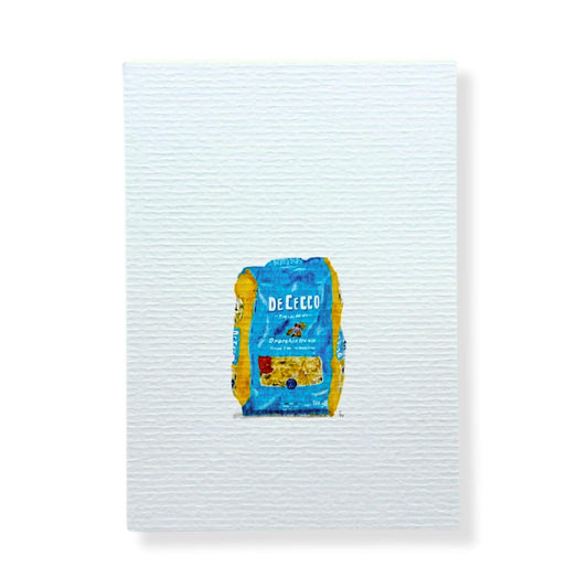 A6 postcard on 300 gram off-white aquarel like paper  with illustration by Stefanie Vietor of a pack of DeCecco pasta