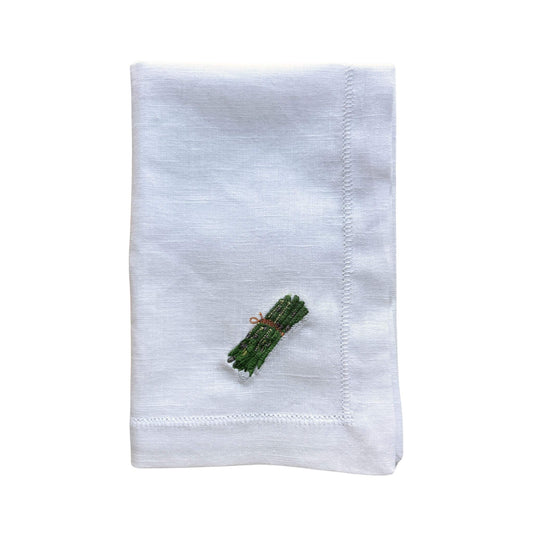 Linen napkin 40x40cm with embroidery of an asparagus illustation by Stefanie Vietor