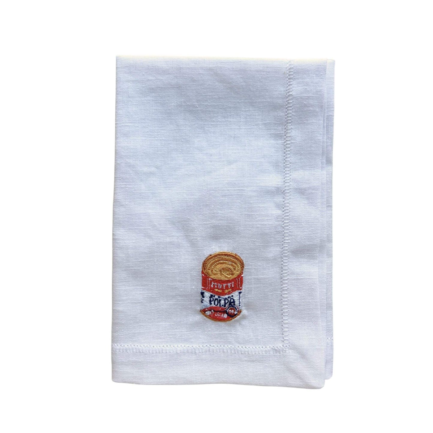 Linen napkin 40x40cm with embroidery of a Polpa Mutti Can illustation by Stefanie Vietor