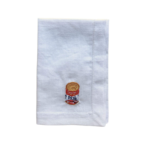 Linen napkin 40x40cm with embroidery of a Polpa Mutti Can illustation by Stefanie Vietor