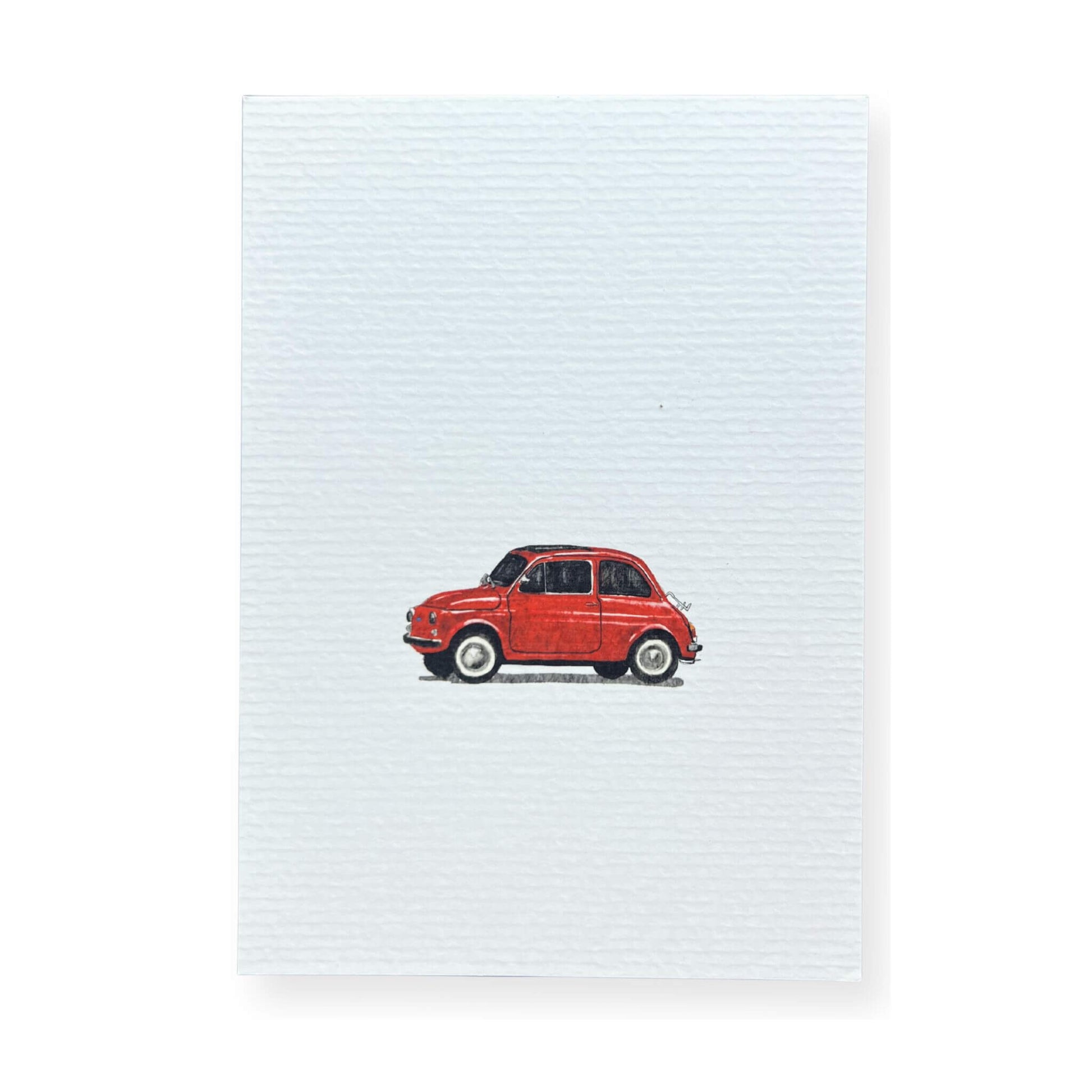 A6 postcard on 300 gram off-white awuarel like paper with illustration by Stefanie Vietor of a red fiat 500.