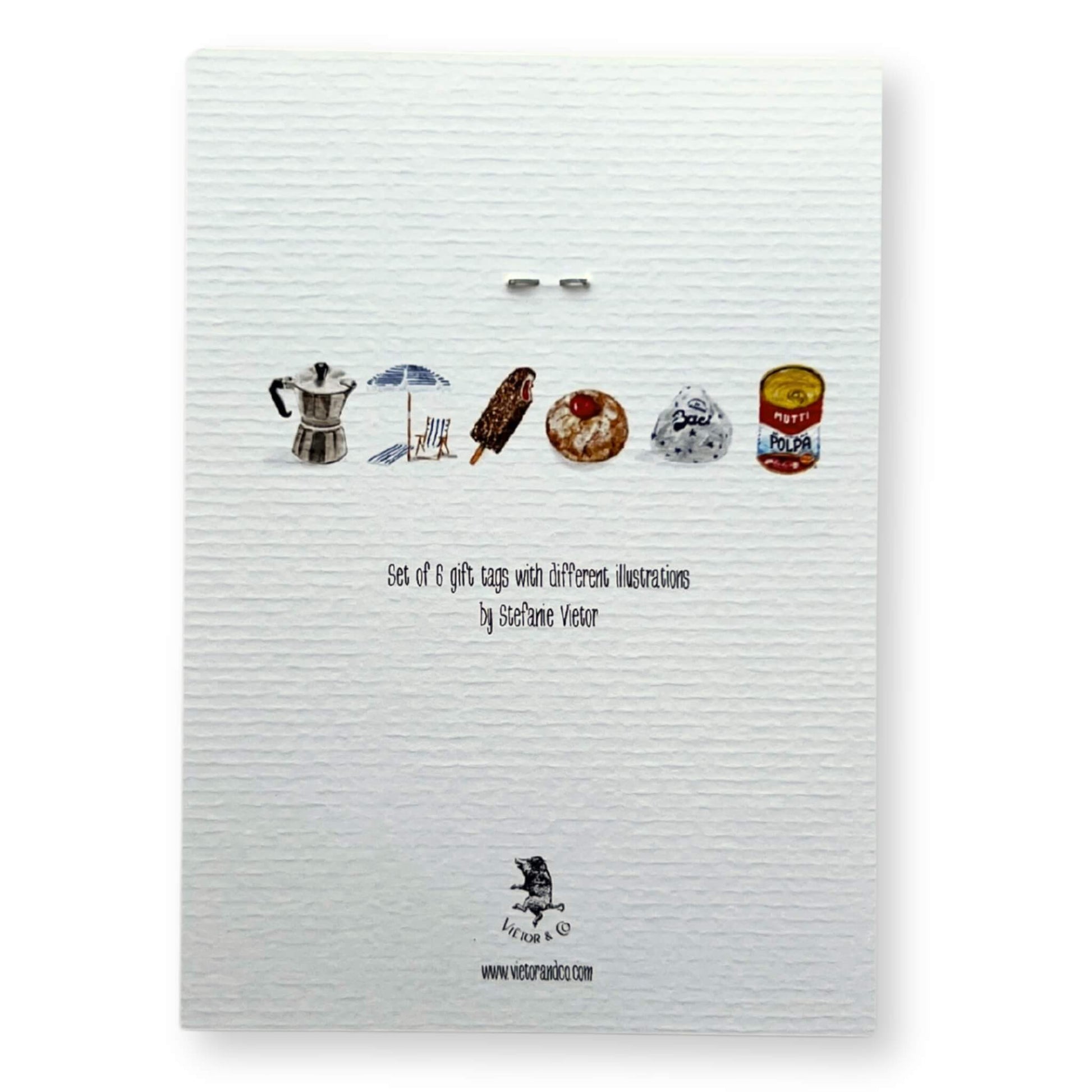 Backside of the package for 6 gift tags, size 5,5 x 8,5 cm) depicting different Italian Illustrations by Stefanie Vietor
