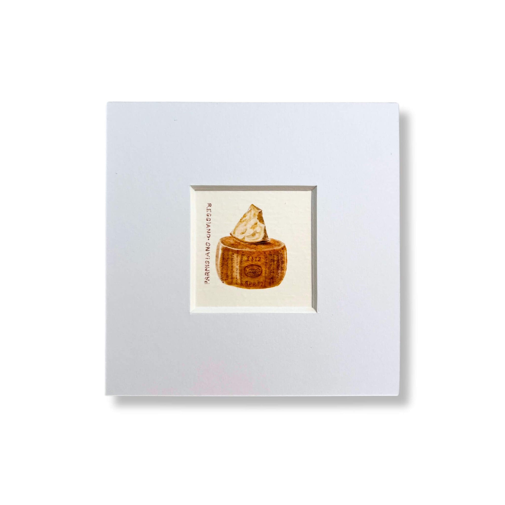 Mini print of an illustration of a Parmasan cheese by Stefanie Vietor in white passepartout size 10x10cm