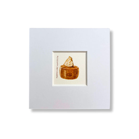 Mini print of an illustration of a Parmasan cheese by Stefanie Vietor in white passepartout size 10x10cm