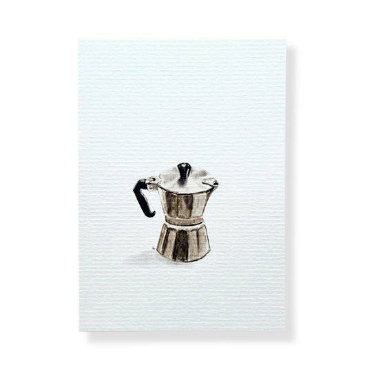 A6 postcard on 300 gram off-white aquarel like paper  with illustration by Stefanie Vietor of a Moka 