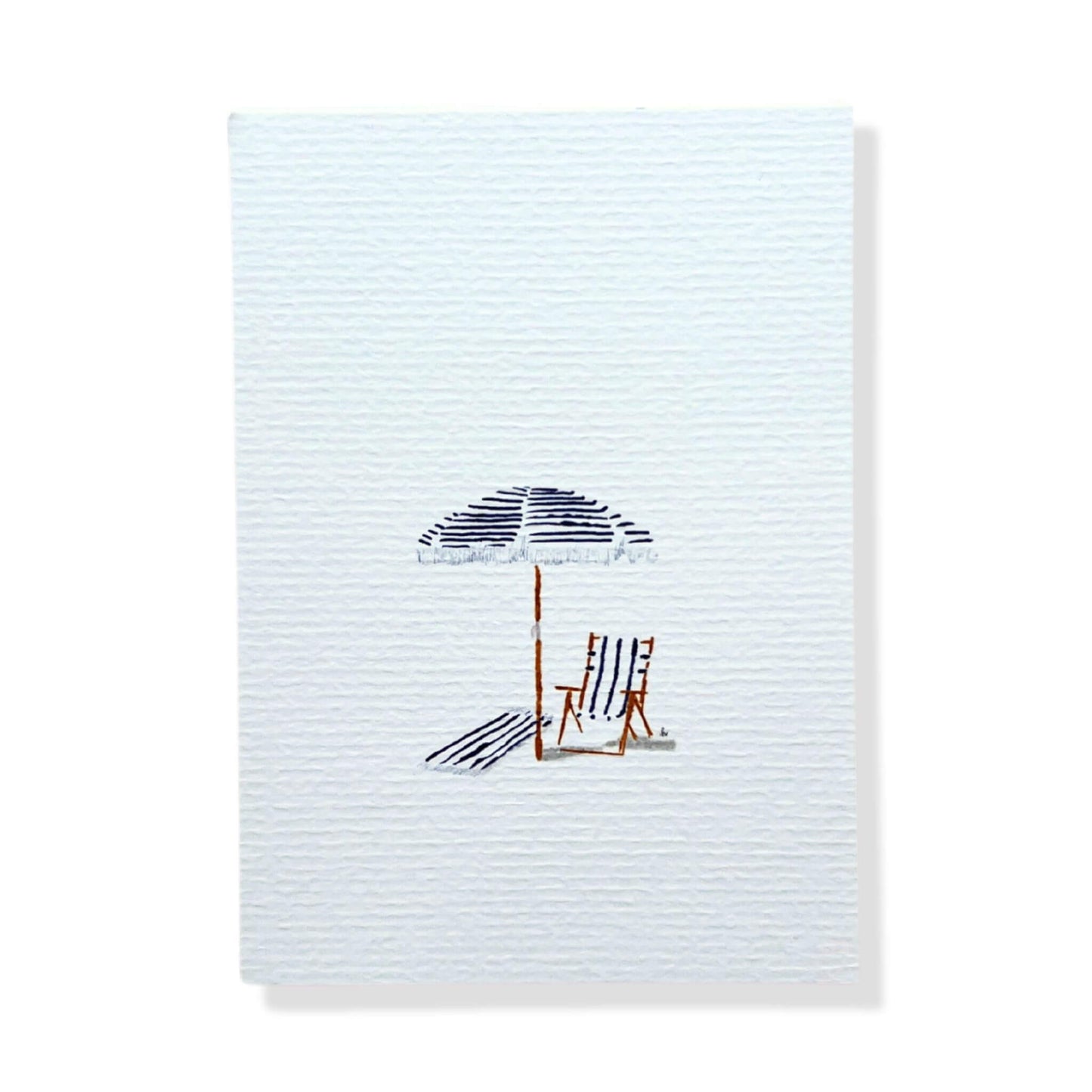 A6 postcard on 300 gram off-white aquarel like paper  with illustration by Stefanie Vietor of a blue parasol  