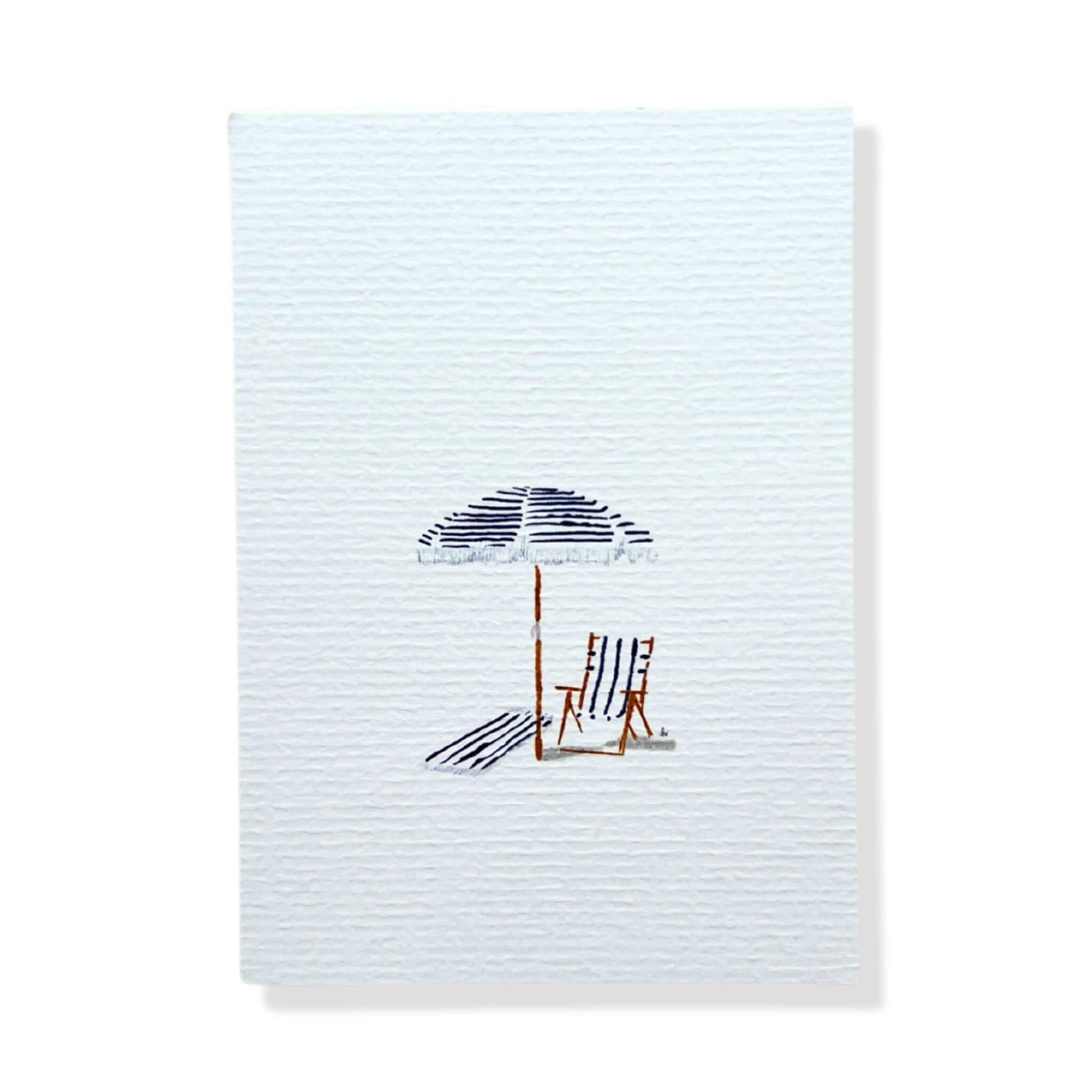 A6 postcard on 300 gram off-white aquarel like paper  with illustration by Stefanie Vietor of a blue parasol  