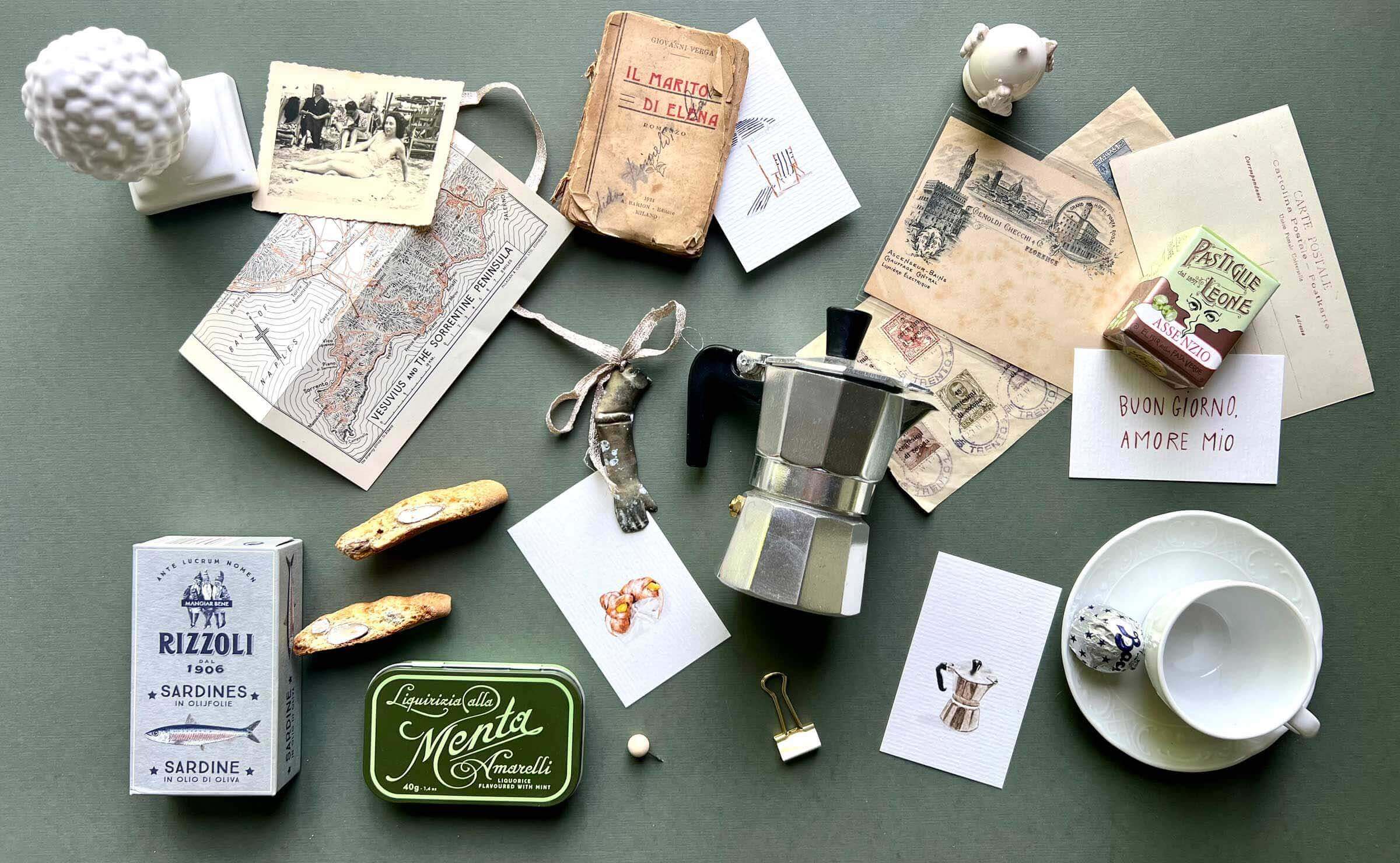 Collage with Italy inspired illustrations and products curated by Steafnie Vietor