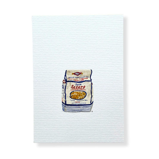 A6 postcard on 300 gram off-white aquarel like paper  with illustration by Stefanie Vietor of a pack of Setaro pasta