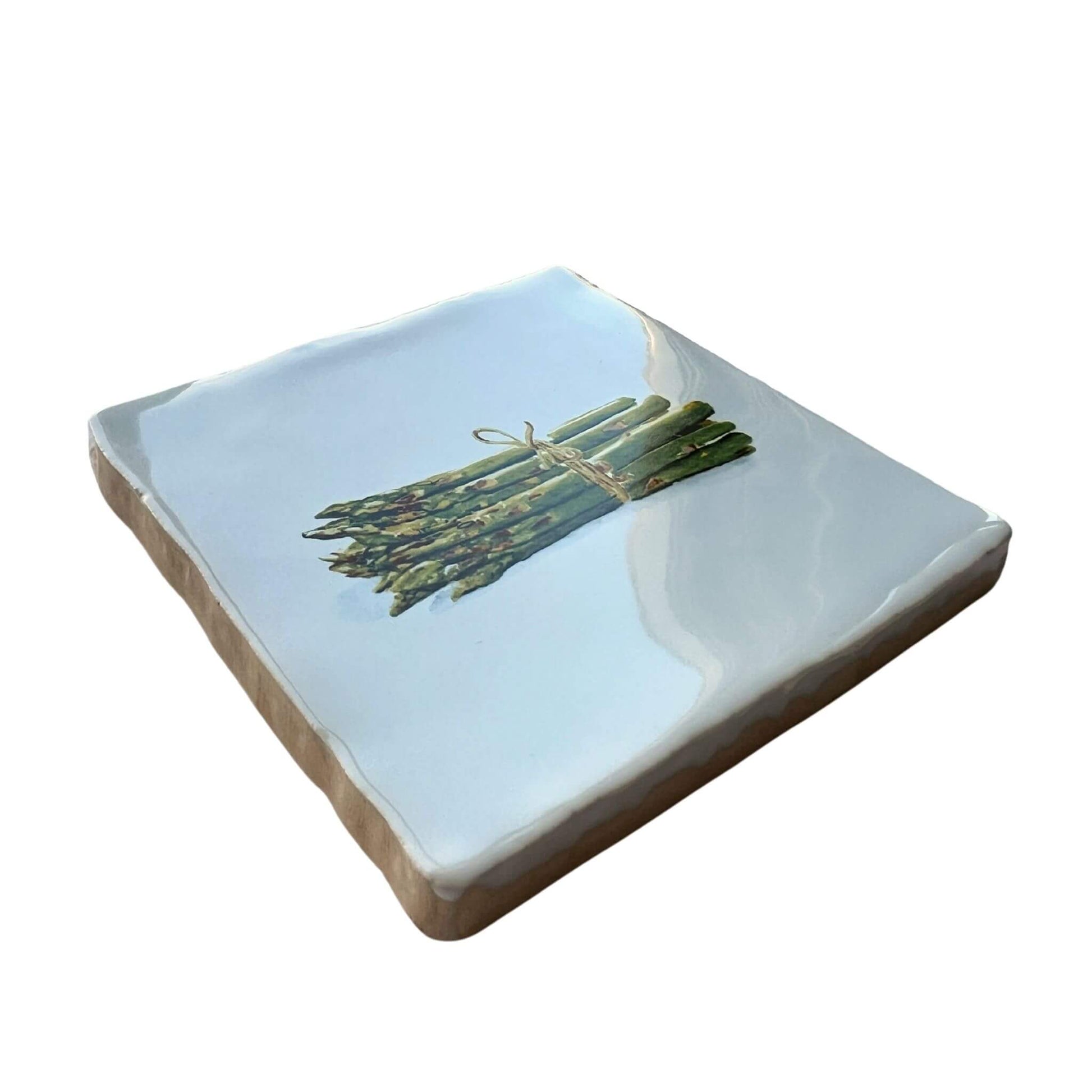 Side of the 10x10cm ceramic tile with illustration by Stefanie Vietor of asparagus