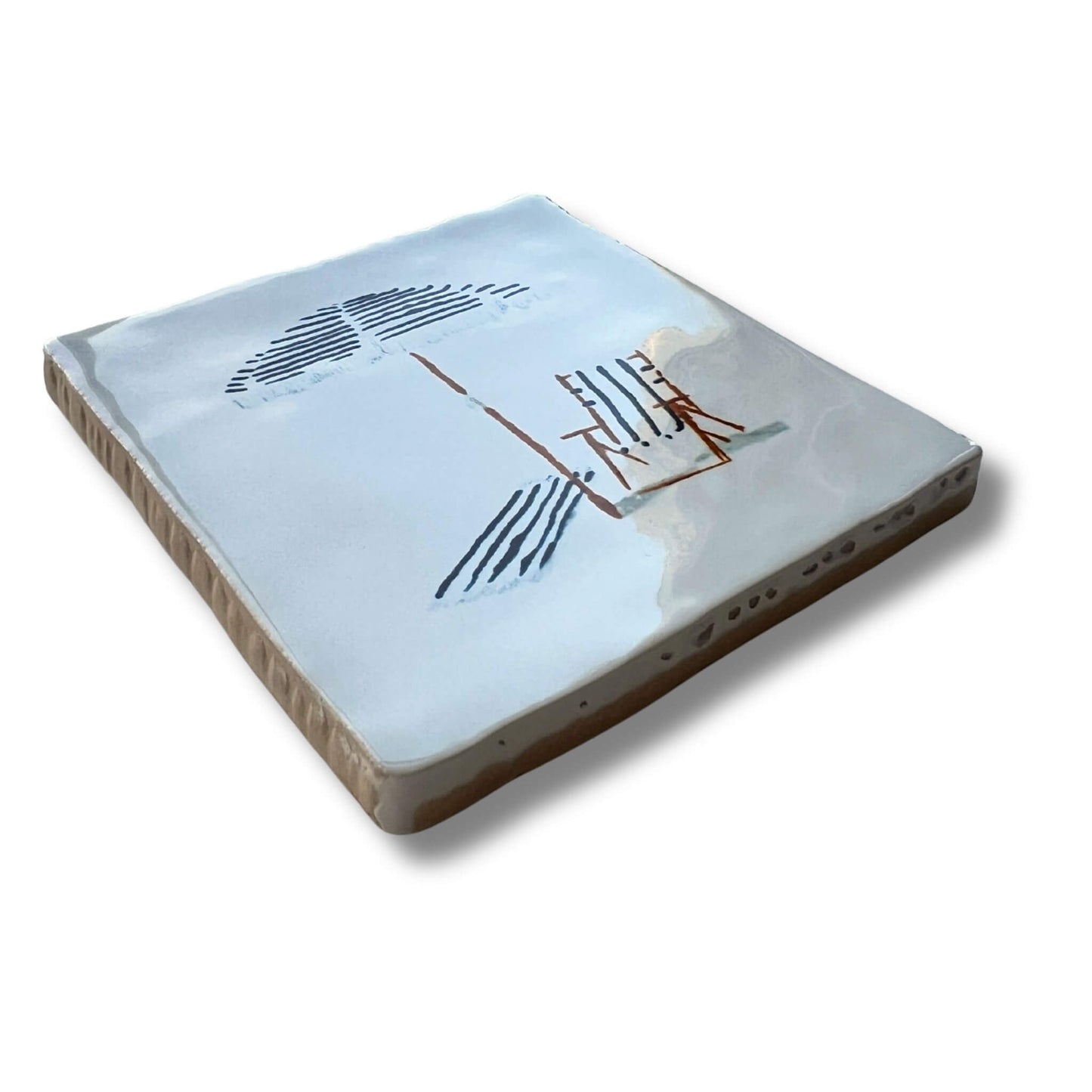 Side of the 10x10cm ceramic tile with illustration by Stefanie Vietor with blue parasol