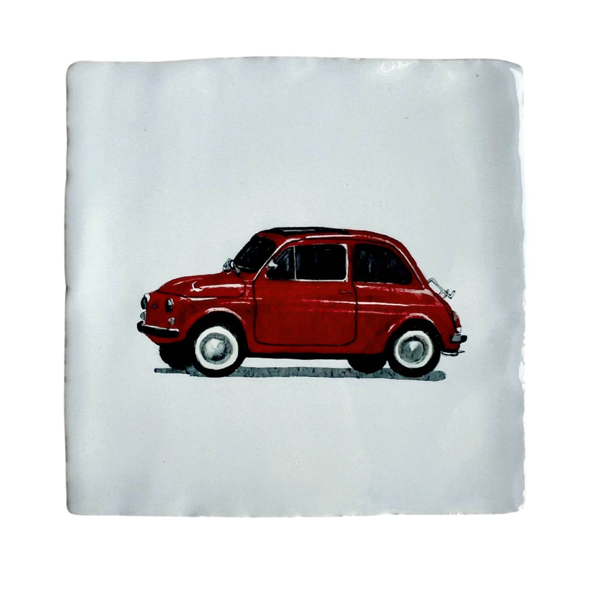 White tile (witje) with printed illustration by Stefanie Vietor of Red Fiat_500