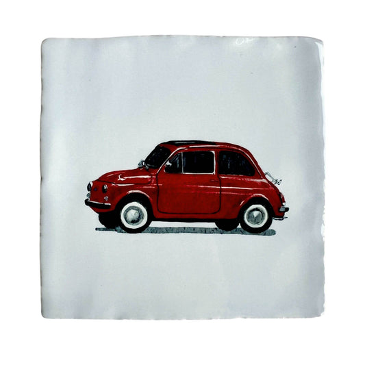 White tile (witje) with printed illustration by Stefanie Vietor of Red Fiat_500