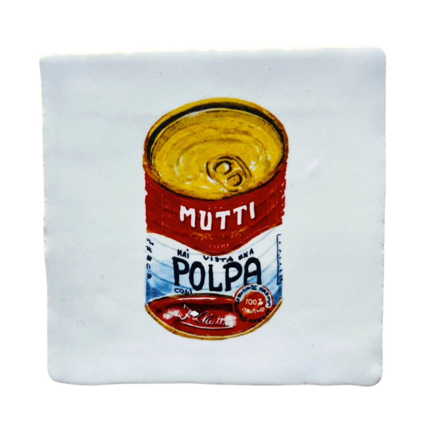 White tile (witje) with printed illustration by Stefanie Vietor of Polpa Mutti can