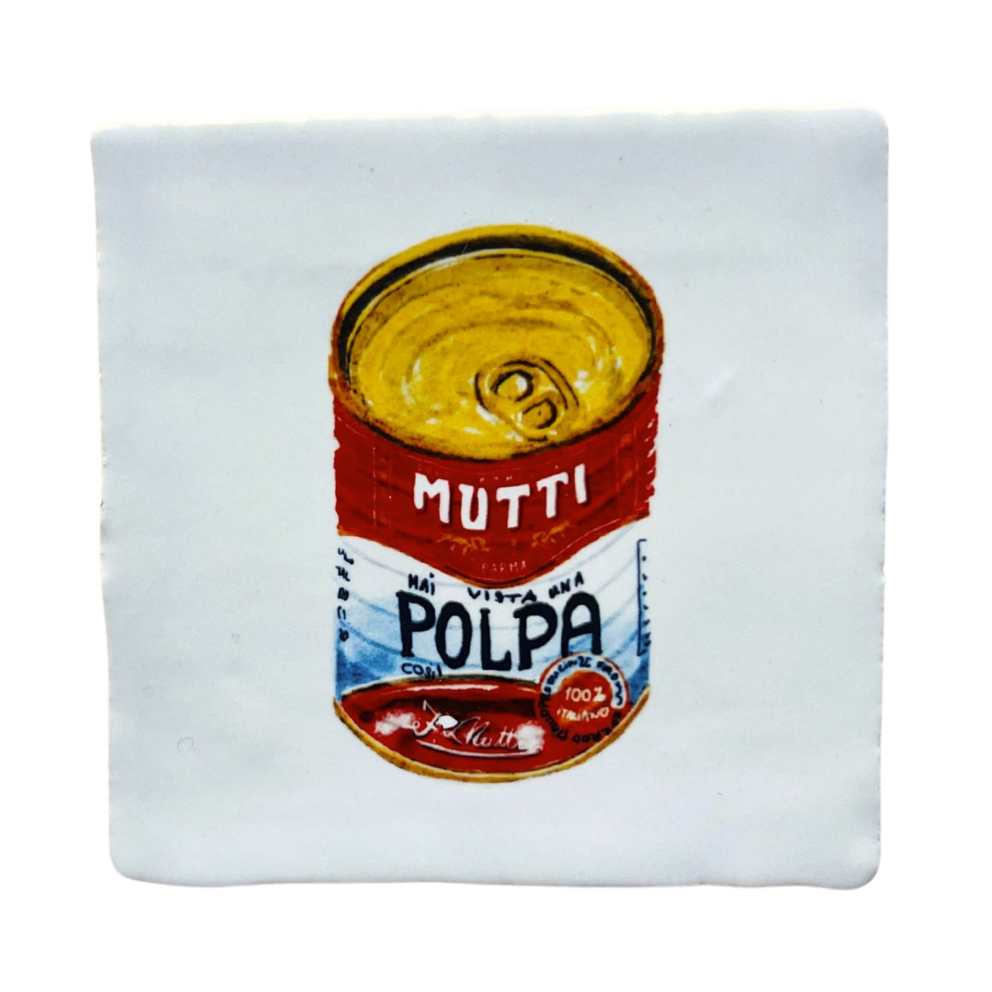 White tile (witje) with printed illustration by Stefanie Vietor of Polpa Mutti can