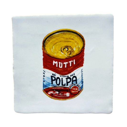 White tile (witje) with printed illustration by Stefanie Vietor of Polpa Mutti can