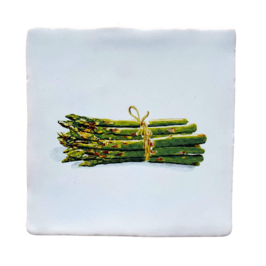 White tile (witje) with printed illustration by Stefanie Vietor of Asparagus